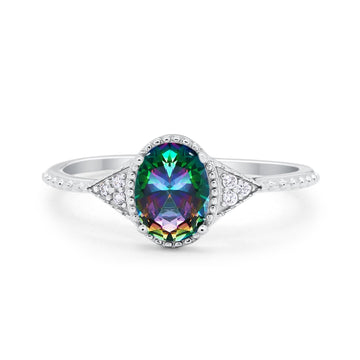 Oval Art Deco Engagement Ring Simulated Rainbow CZ 925 Sterling Silver